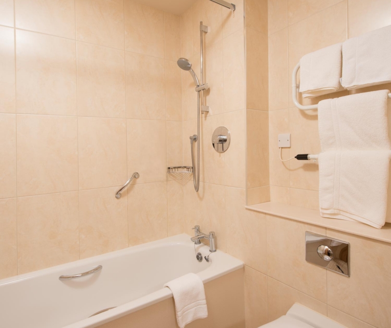 An accessible bathroom with hand rails incorporated in the bath and shower facility