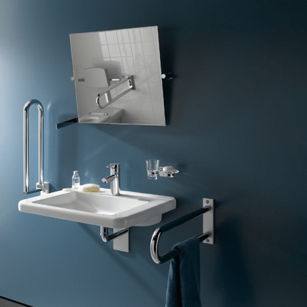 Accessible Bathrooms - Two foldable handrails beside a sink with a square mounted wall mirror