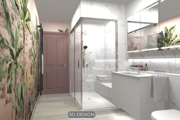 3D virtual design of a steam room renovation, showcasing the wallpaper, vanity unit, and the steam room with a shower enclosure.