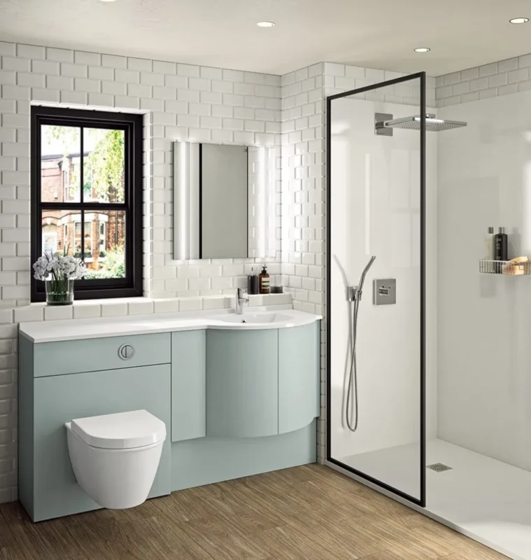 A large floor-mounted vanity unit with an attached WC. Beside it is a shower area with a shower screen.