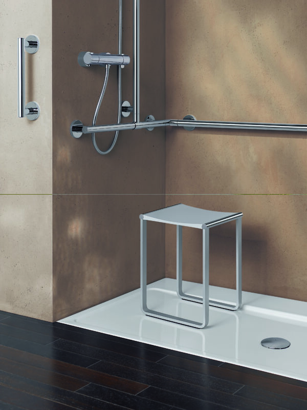 A seat in an accessible bathroom for long showers and easy use.