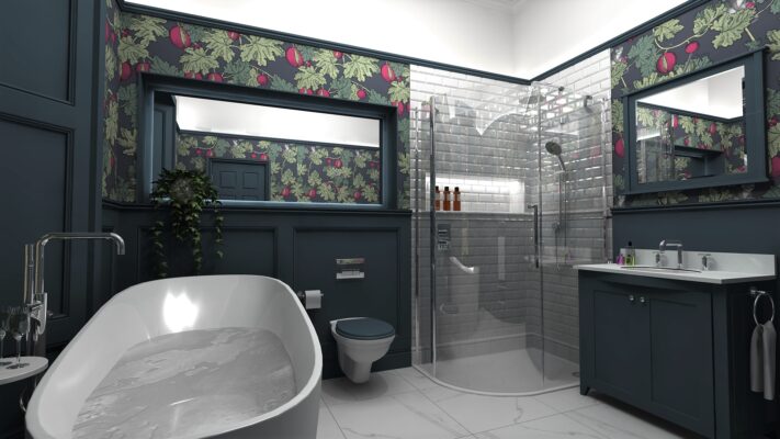 A 3D design of a traditional bathroom style featuring a bath, WC, and shower area.
