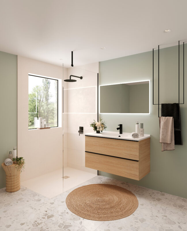 A large bathroom features a wall-mounted oak vanity with matte black fixtures. Next to it is a walk-in shower equipped with a shower panel.