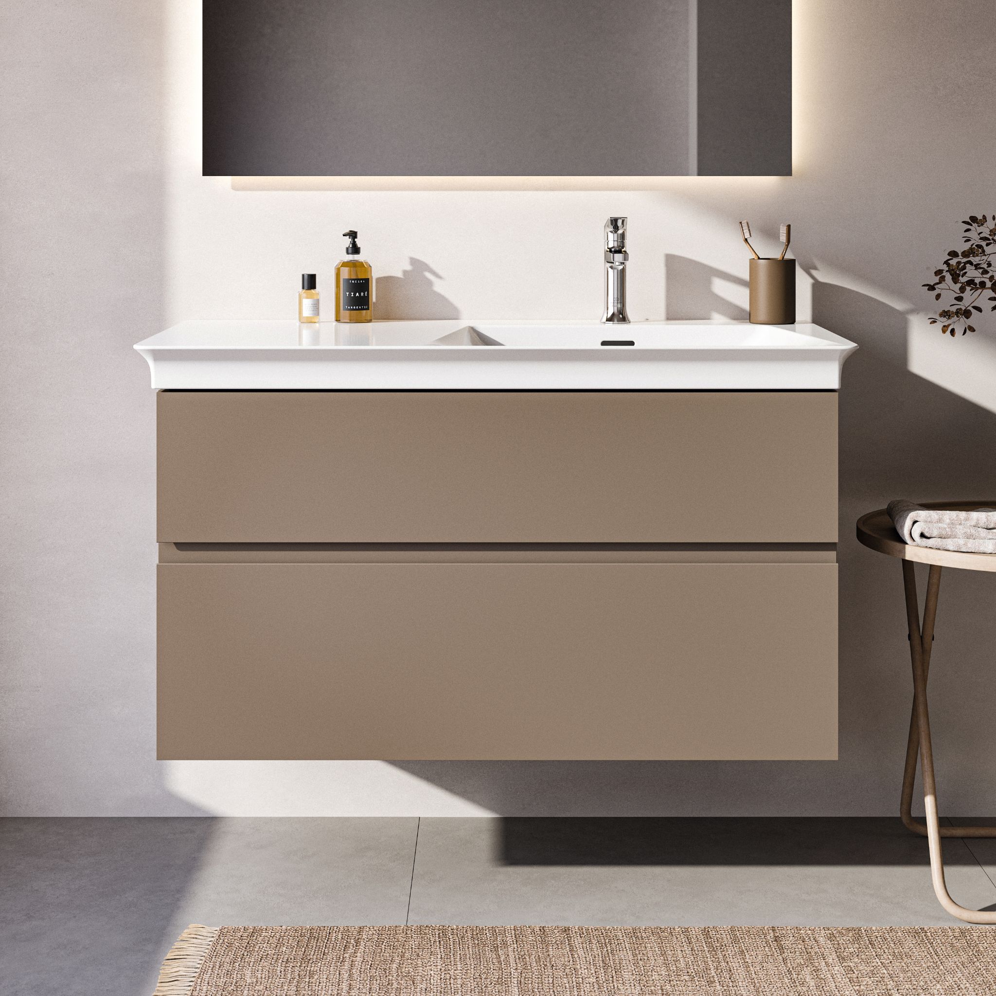 A large wall-mounted mirror cabinet without handles, and to complete it is a large basin.