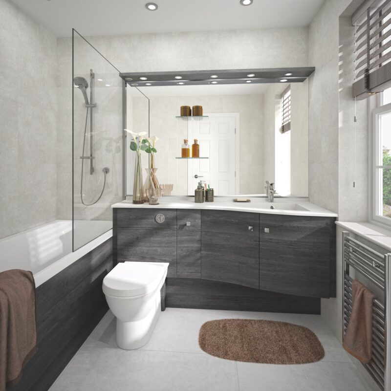 A large vanity unit with ample storage options and a large mirror. Beside the vanity is a built-in bath with a shower screen.