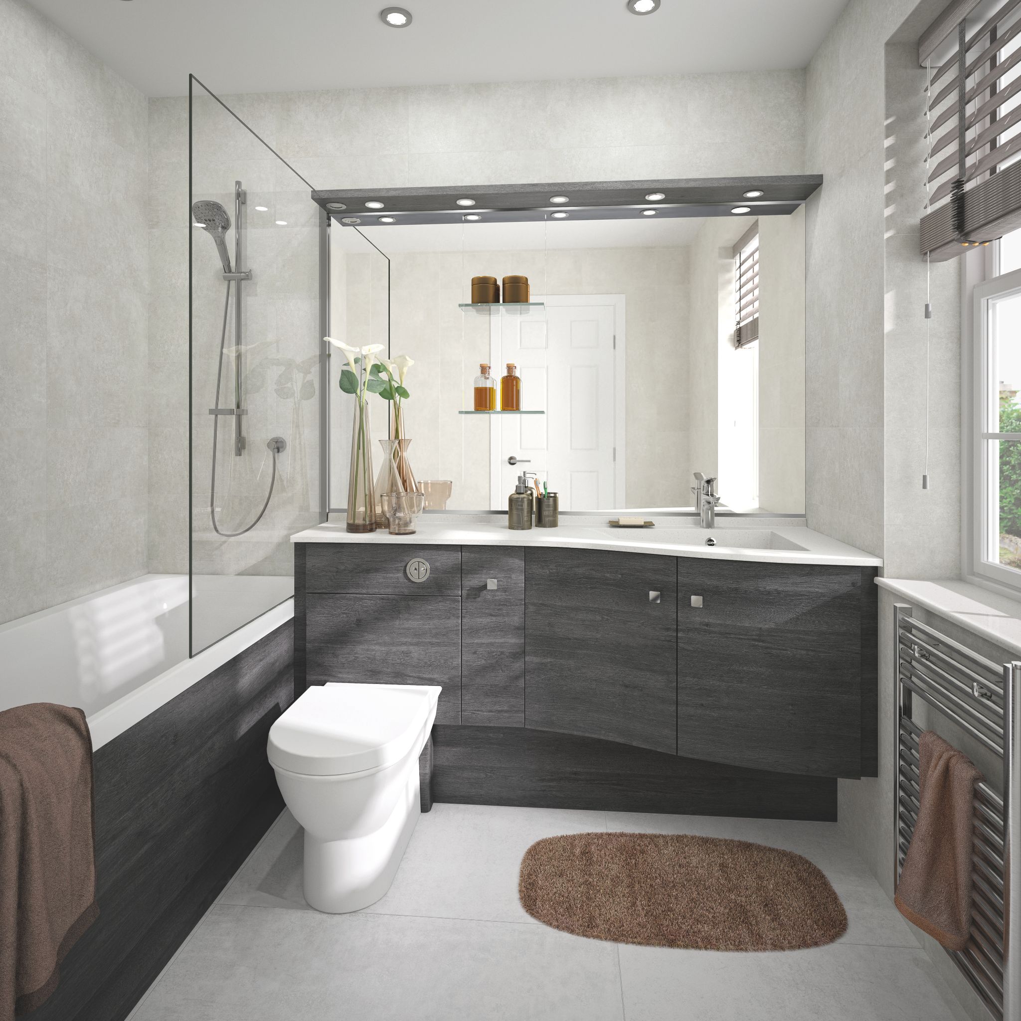 A large vanity unit with ample storage options and a large mirror. Beside the vanity is a built-in bath with a shower screen.