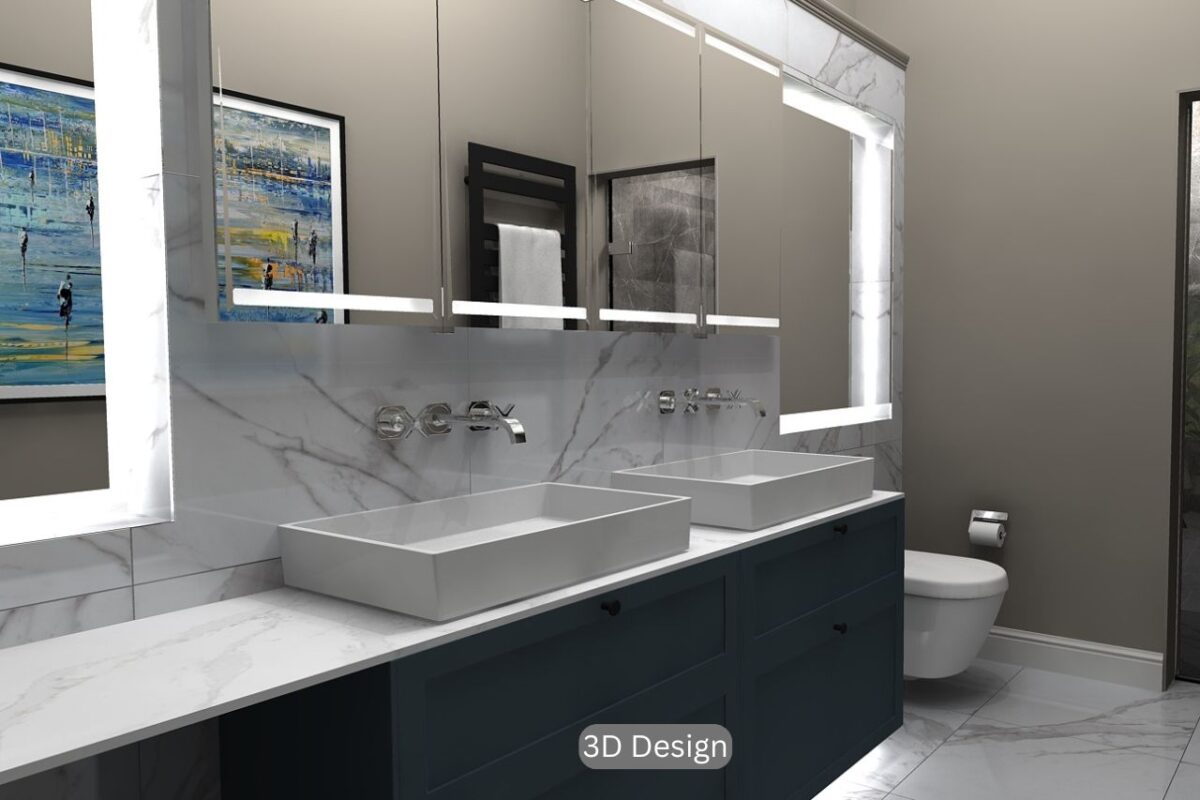 3D bathroom design featuring a marble countertop, twin rectangular vessel sinks, wall-mounted taps, and navy vanity units.
