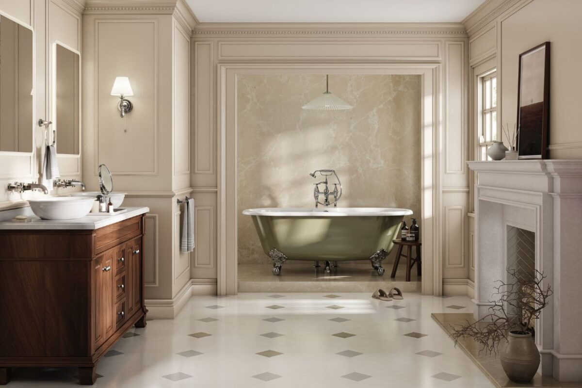 A fully paneled traditional-style bathroom with a dual vanity unit and dual mirrors for an elegant look. The space also features a clawfoot free-standing bath with a floor-mounted mixer in chrome.
