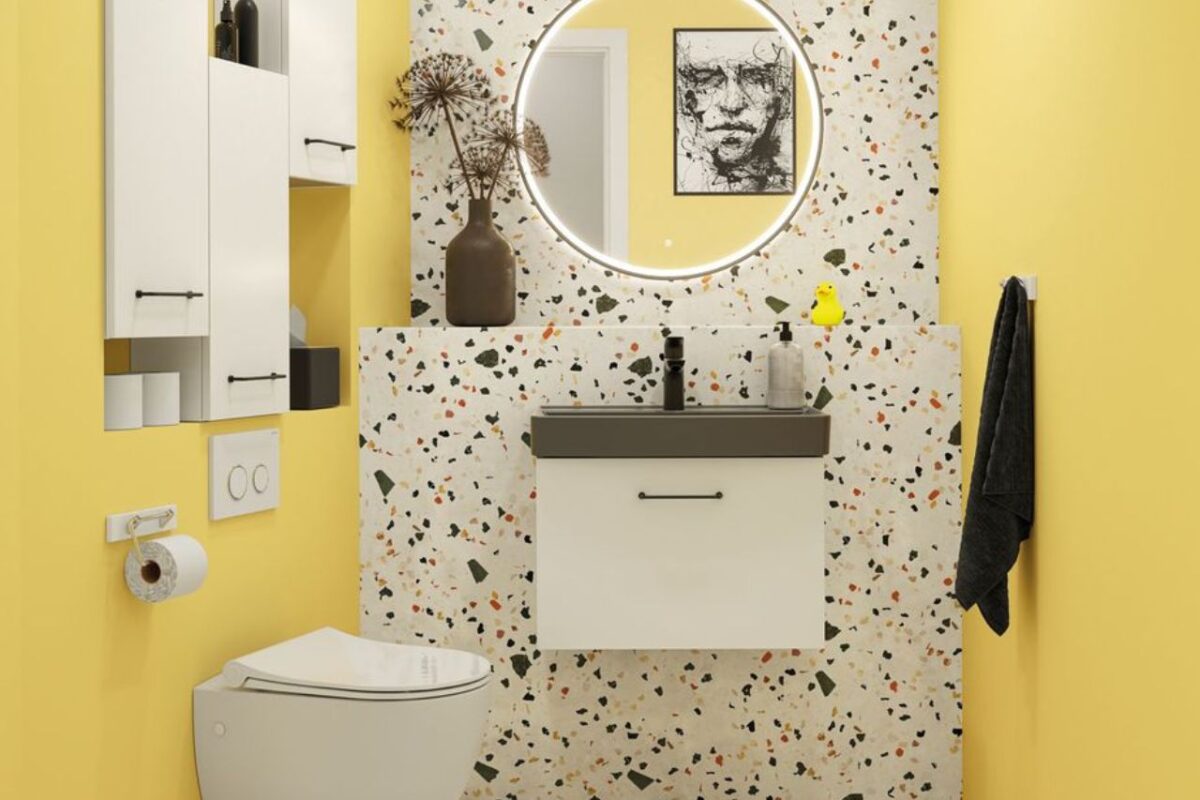 Cloakroom showcasing smart storage options with sleek, wall-mounted cabinetry. Recessed shelves add ample storage options. The space features a vanity unit, rounded mirror, and wall-hung WC.