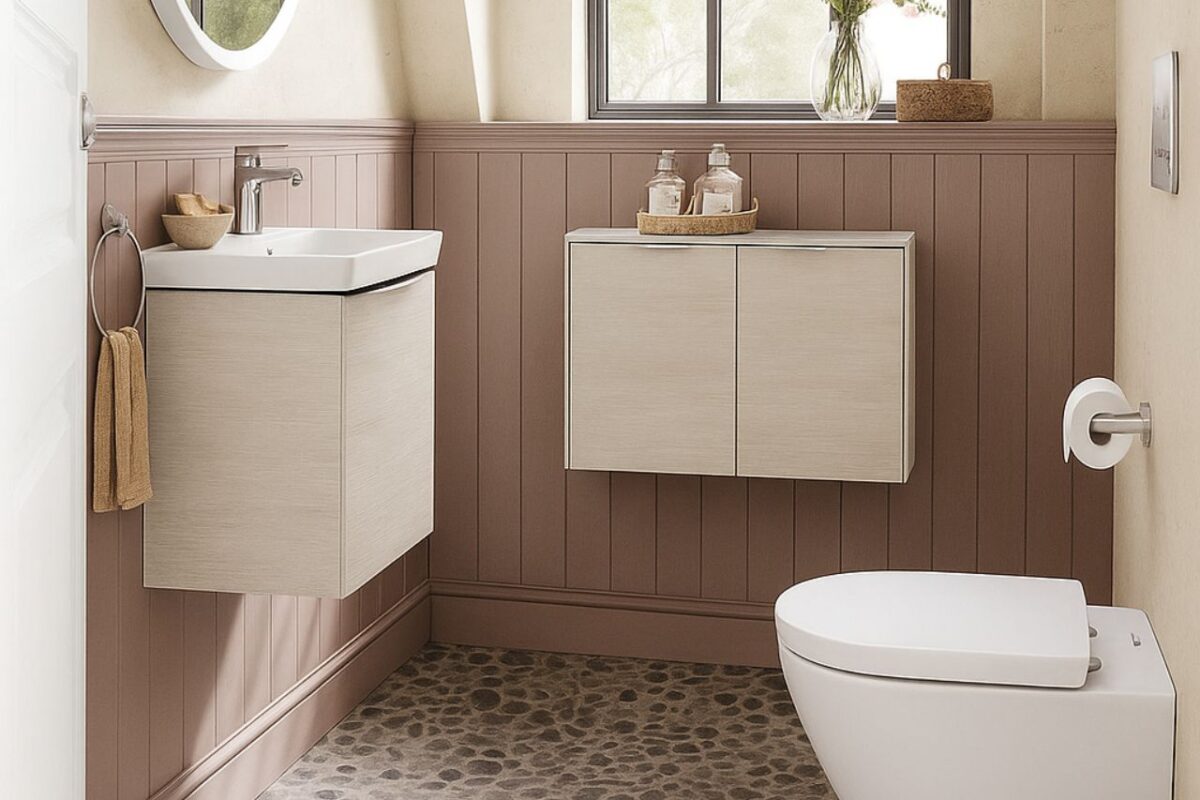 Modern cloakroom featuring natural tones, with paint and wall panelling that blend seamlessly to create cloakroom design options