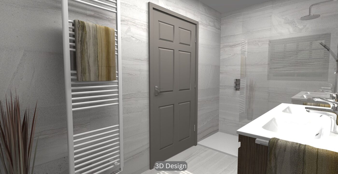 A 3D ensuite design featuring a walk-in shower, vanity area, and WC with a white towel rail.