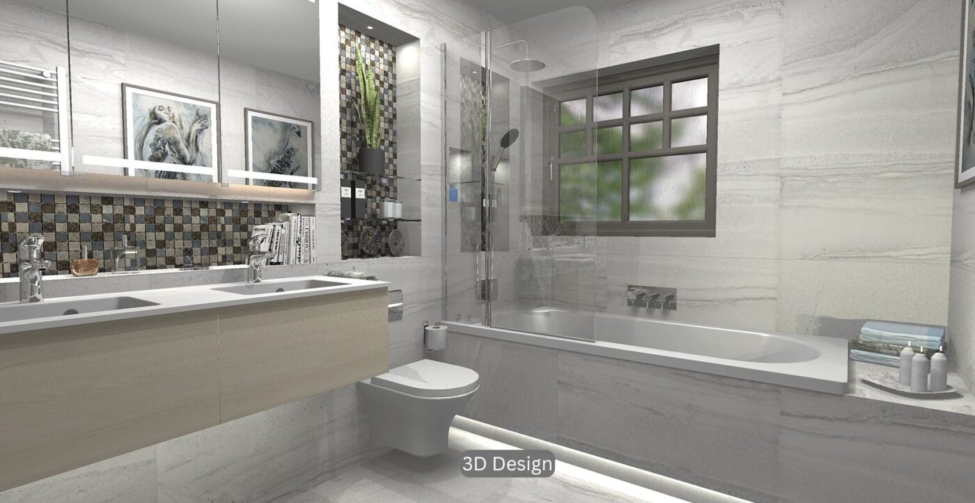 A 3D design of a family bathroom that includes a built-in bath, shower panel and vanity area.