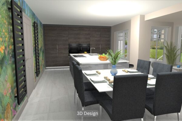 A 3D design of a kitchen with an island, dining area, cabinetry with integrated appliances and two matte black towel rails as part of an entire home renovation in Edinburgh.
