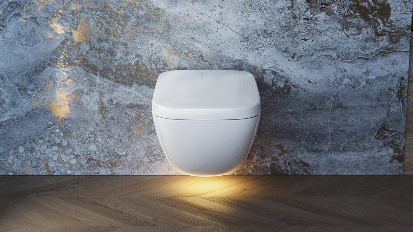 The NEOREST toilet from TOTO is wall-mounted in a modern bathroom.